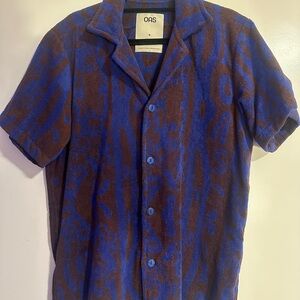 OAS Vibrant Blue and Brown Casual Button Down Shirt